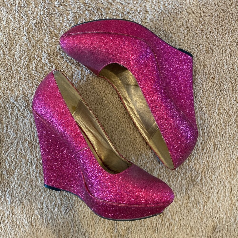 Charlotte Russe hot pink glitter wedges size 8